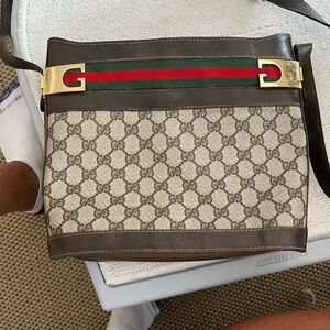 Gucci Brown and Cream Messenger Bag with Green and Red Stripe